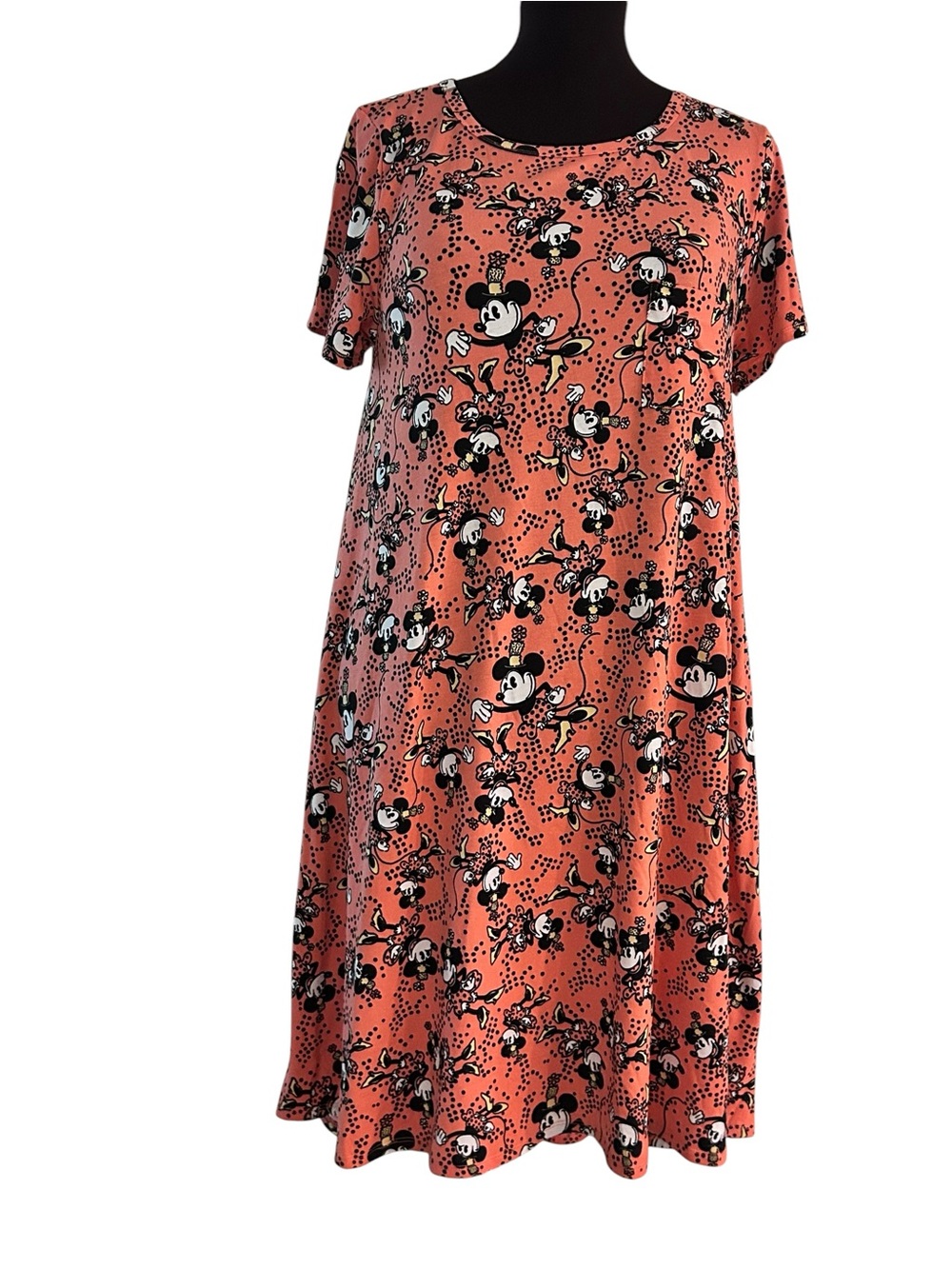 LuLaRoe Disney Carly Dress L Minnie Mouse Peach Black Polka Dots New Sz 14-16